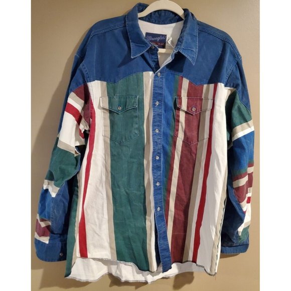 Men's Vtg WranglerX- Long Tails Cotton Colorblock Denim Long Sleeve Button, XL